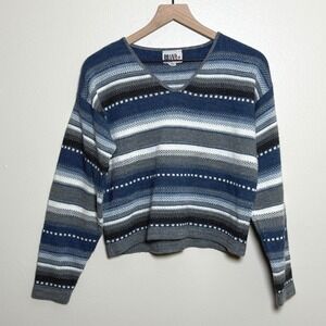 VTG‎ Striped V-Neck Knit Sweater M Blue Grey USA Made Y2K 90s Grunge